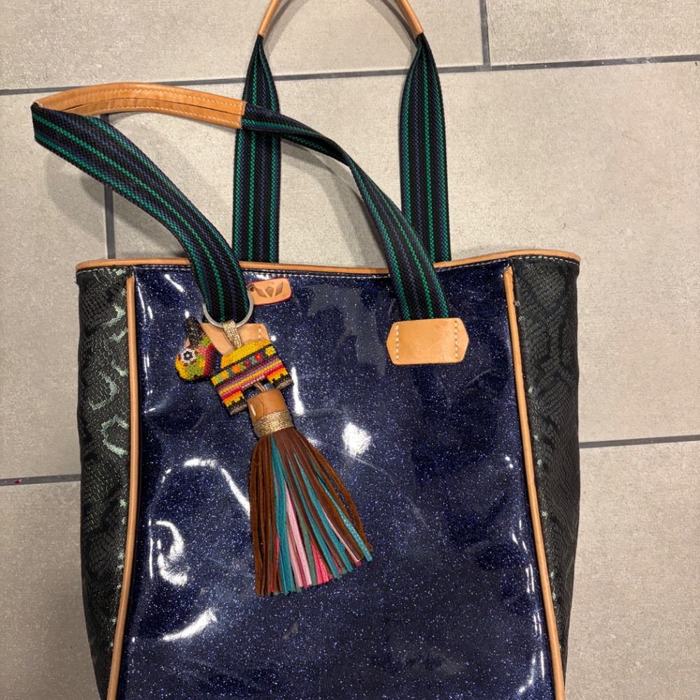 Consuela Navy Glitter Patent Tote with Black/green Sides and Tan Trim - Picture 2 of 10